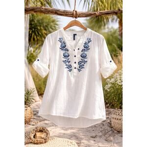 Cathy Boho Cottagecore Peasant Blouse Cotton Gauze Blue Floral Top Medium